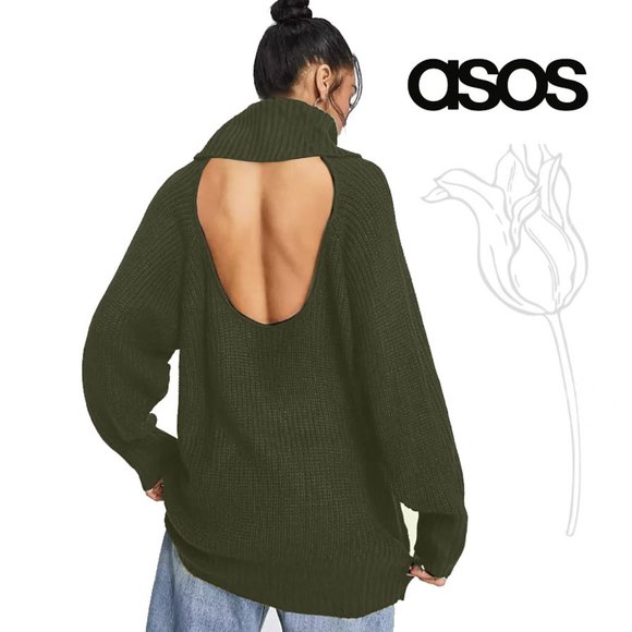 ASOS Open Back Knitted Roll Neck Green Sweater - Picture 1 of 10